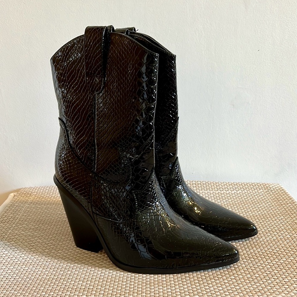 Snakeskin Patent Leather Cowgirl Western Biker Calf Height Cowboy Boots - 7.5/38
